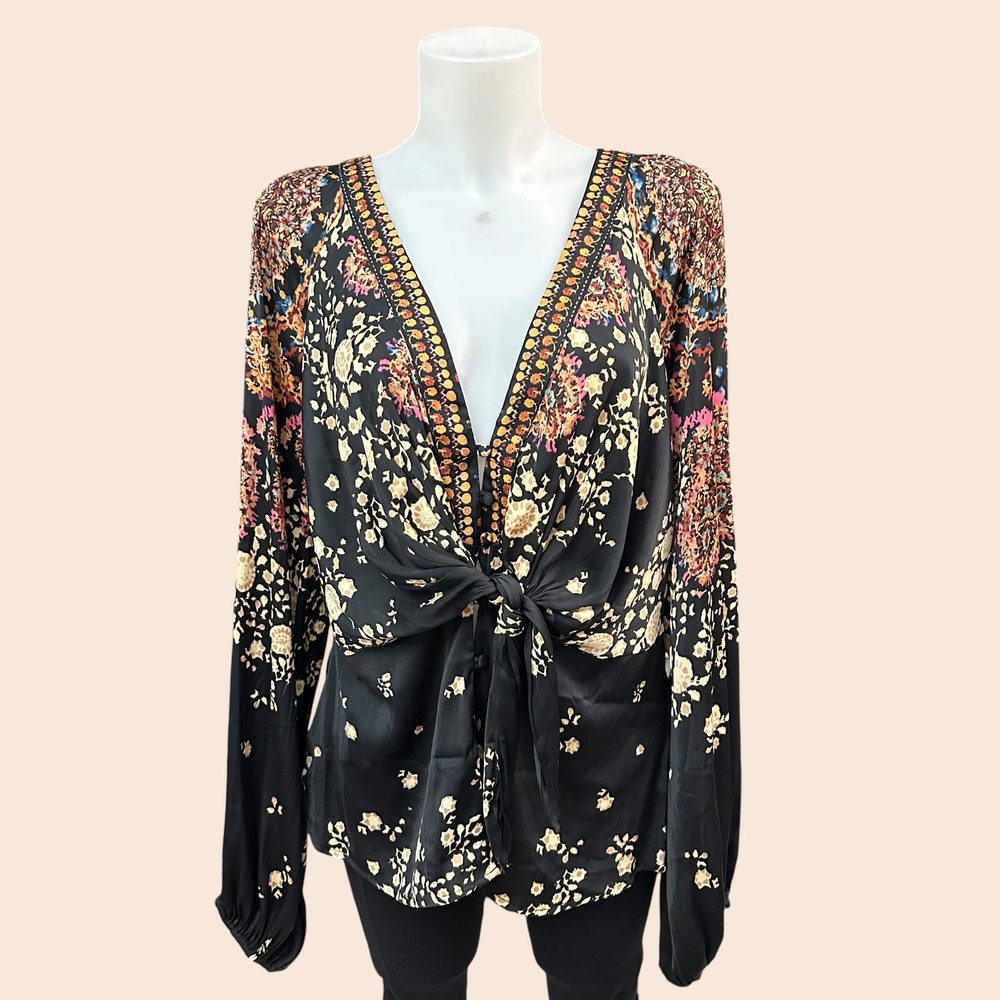 Free People Run Free Blouse Back Floral Front Tie sz Large Boho